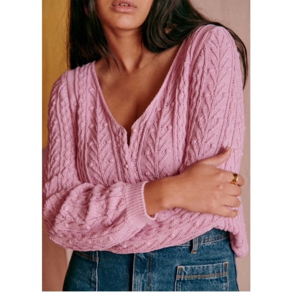 Sezane Sweaters - SEZANE Rose Pink Lilac Pom Pom Texture Cableknit Balloon Sleeve Beryl Cardigan